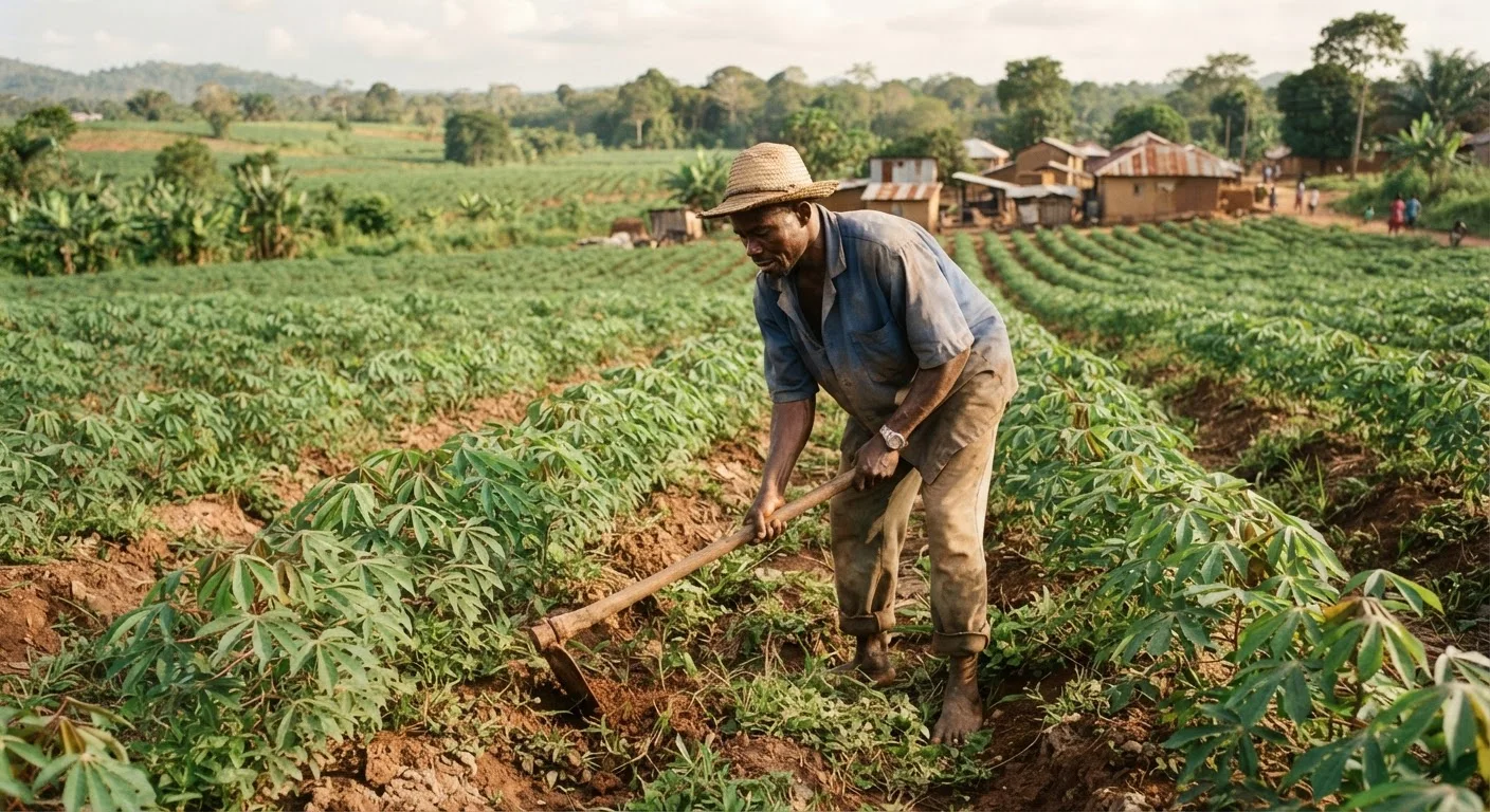 A Ghanaian farm labourer weeding between rows of young cassava plants by hand with a hoe, the field stretching behind, documentary photograph