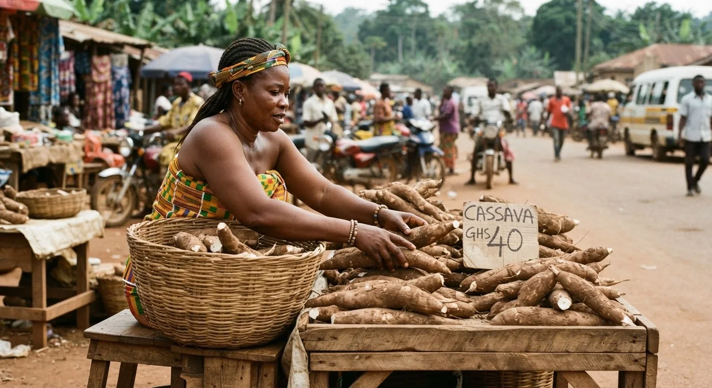 A Ghanaian market trader arranging fresh cassava roots for sale at a bustling roadside market, price written on a card, documentary photograph