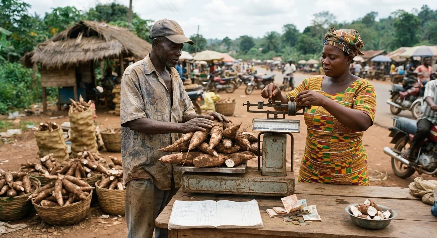 A Ghanaian cassava farmer and a trader weighing a heap of freshly harvested cassava roots on a platform scale at a roadside buying point, a ledger and cedi notes on a table, documentary photograph