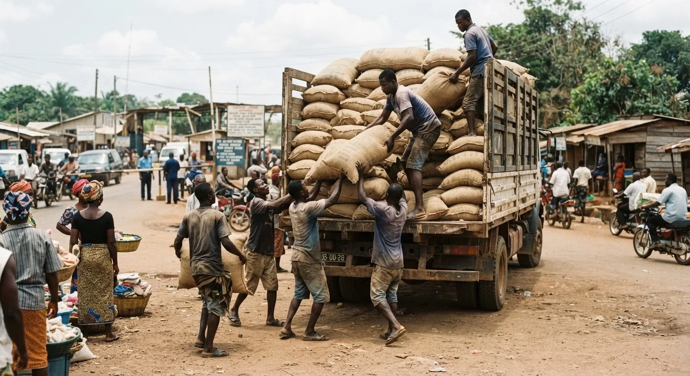 Traders loading sacks of gari and cassava products onto a truck at a busy West African land border crossing, informal cross-border trade in progress, documentary photograph