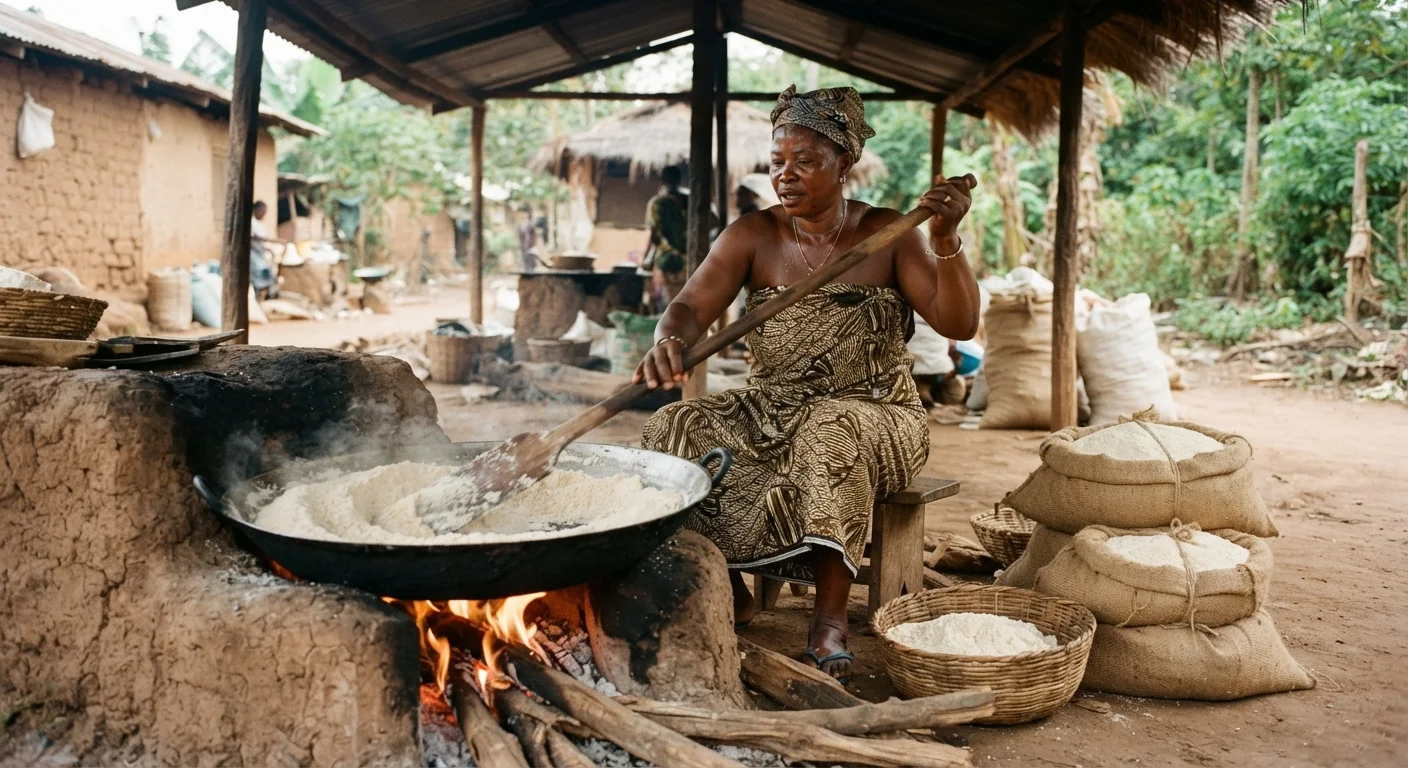 A Ghanaian woman roasting gari over a wide open pan at a village processing shed, sacks of the finished dry gari bagged beside her, documentary photograph