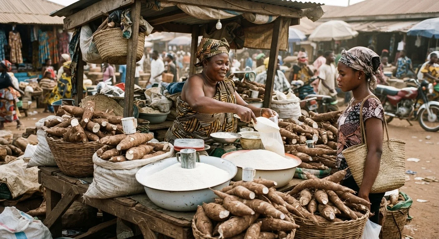 A busy Ghanaian market stall piled high with fresh cassava roots and bowls of white gari, a trader serving an urban customer, documentary photograph