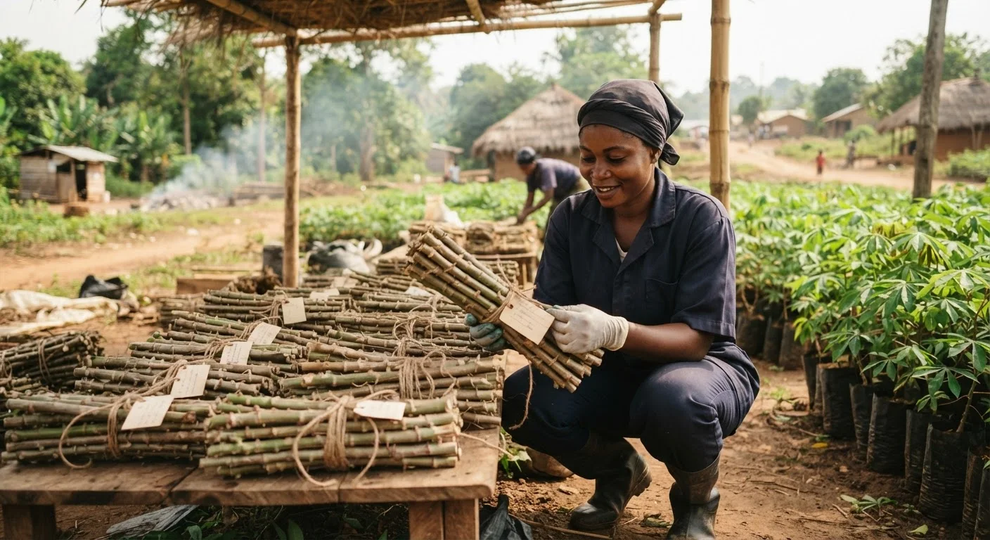 Bundles of certified clean cassava stem cuttings tied and tagged at a seed-multiplication nursery, a technician checking them, documentary photograph