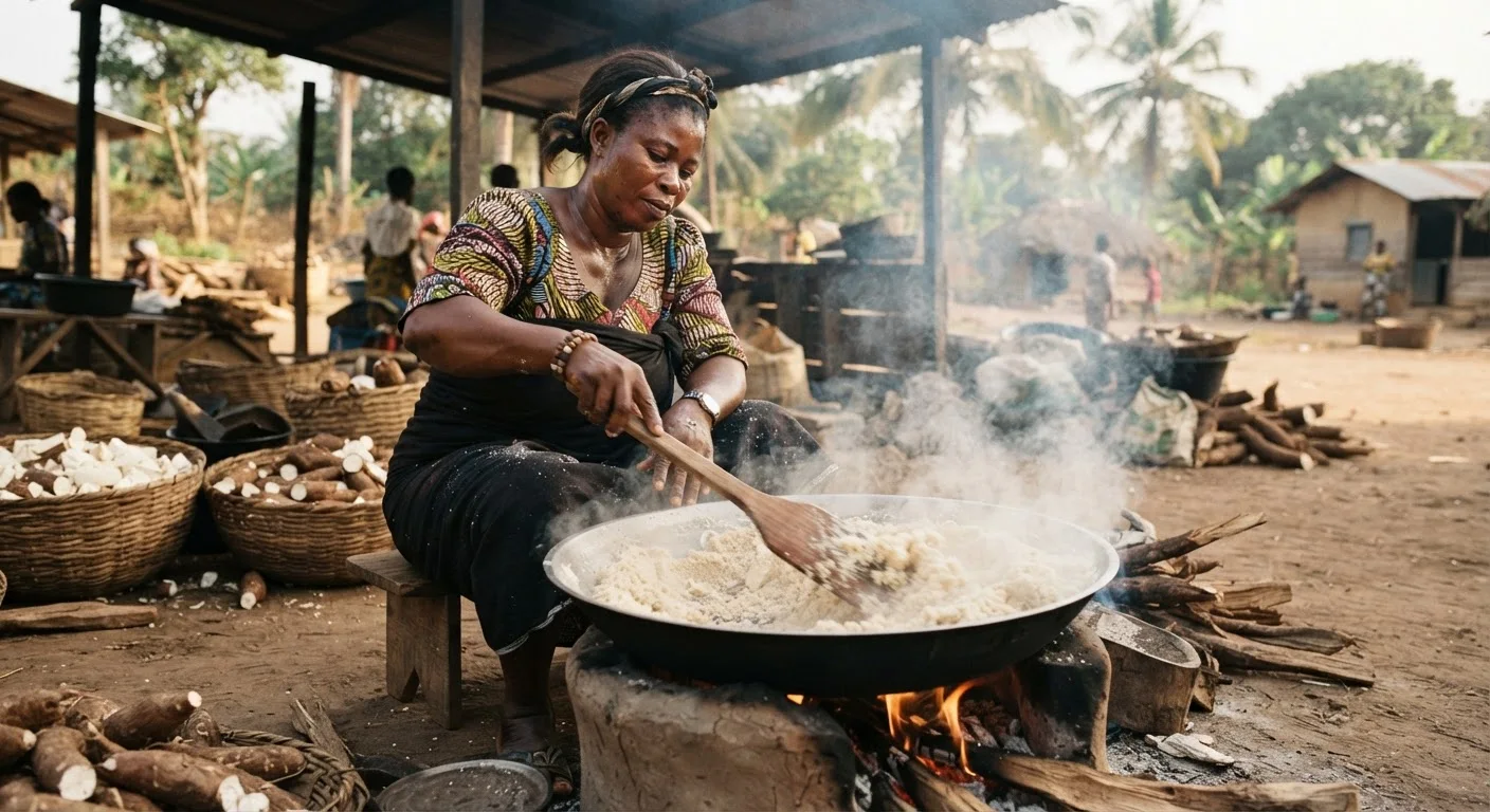 A Ghanaian woman roasting fermented, pressed cassava mash into gari over a wide open pan, steam rising, documentary photograph