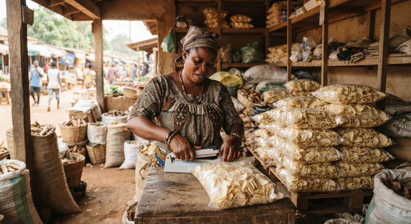 Stacked hermetic storage bags of dried cassava chips in a Ghanaian store, a trader sealing one shut, documentary photograph