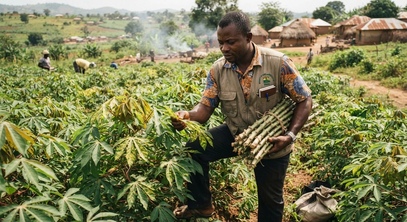A Ghanaian field scout inspecting cassava leaves for the mottling of mosaic disease, a bundle of stem cuttings under one arm, documentary photograph