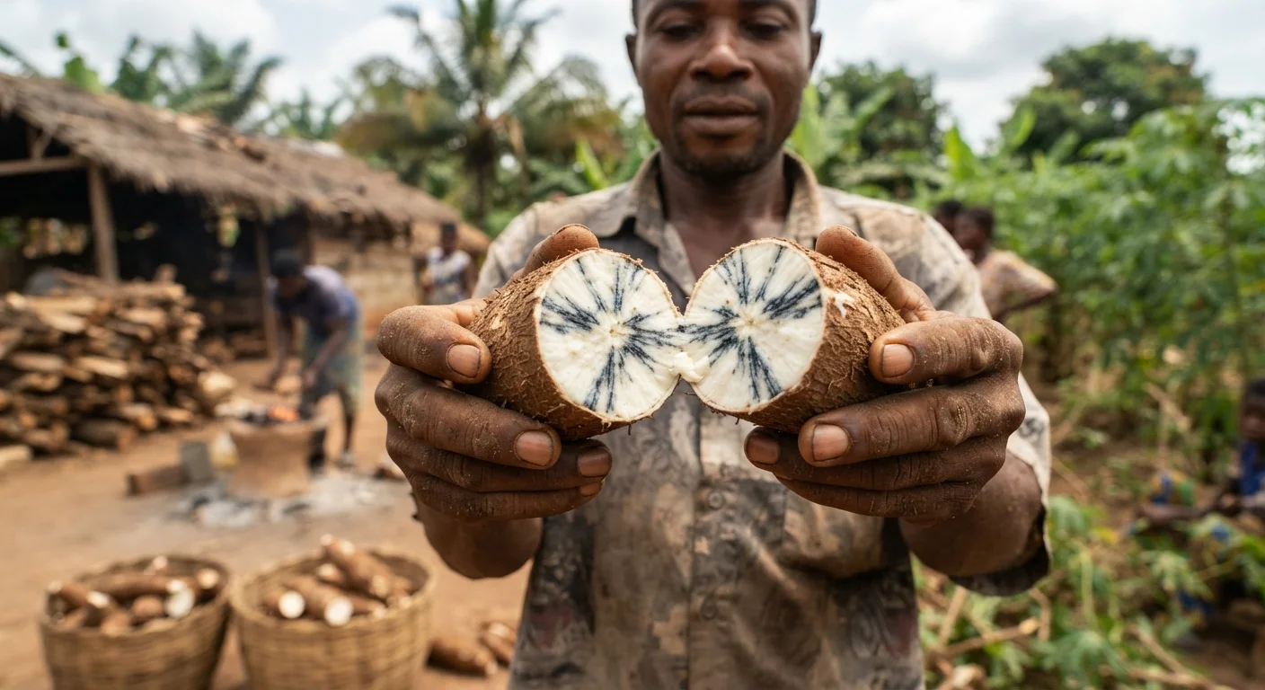 A freshly cut cassava root held open to show the blue-black internal streaking of post-harvest physiological deterioration, documentary photograph