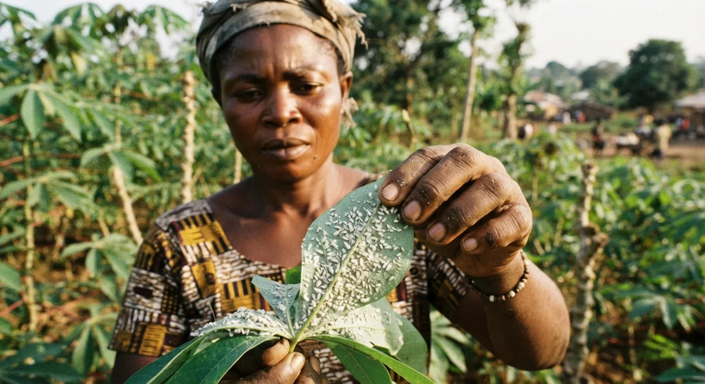 A close-up of the underside of a cassava leaf covered with tiny whiteflies, a farmer's hand turning the leaf to inspect it, documentary photograph