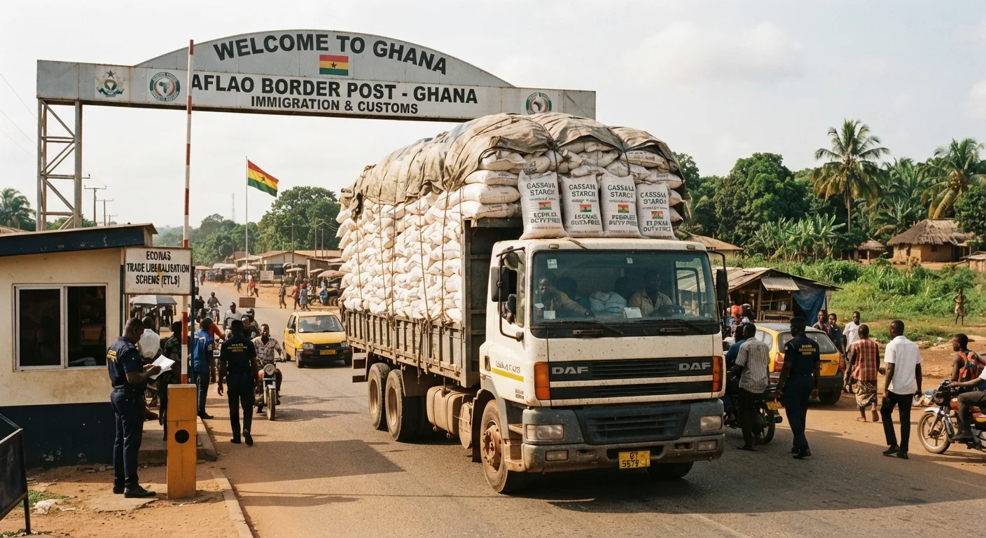 A cargo truck loaded with sacks of Nigerian cassava starch crossing the Aflao border post into Ghana under the ECOWAS duty-free regime, documentary photograph