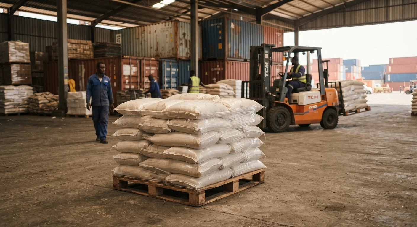 A small consignment of bagged Ghanaian cassava flour on a pallet at a Tema port warehouse, a forklift and shipping containers behind, documentary photograph