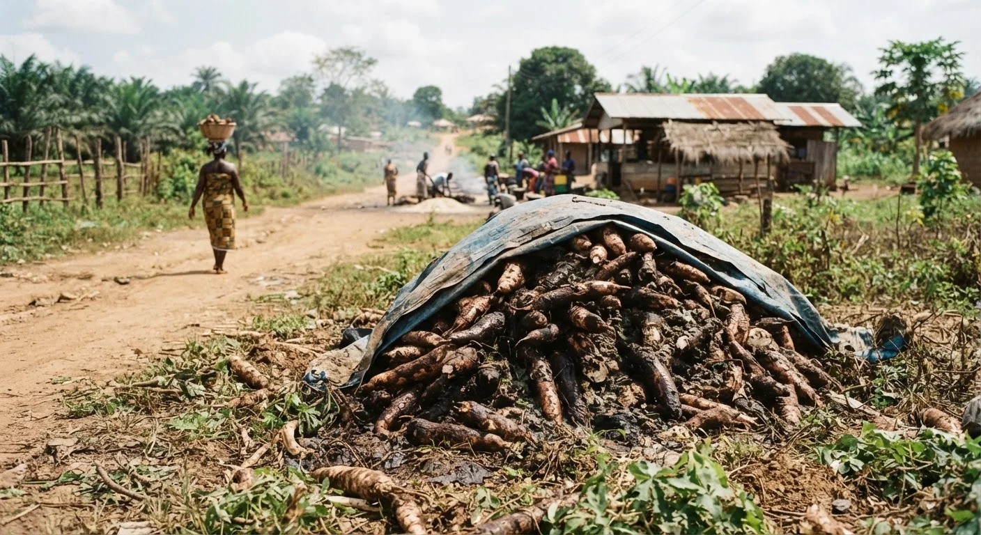 A Ghanaian roadside heap of unsold fresh cassava roots beginning to spoil in the sun beside a farm track, documentary photograph