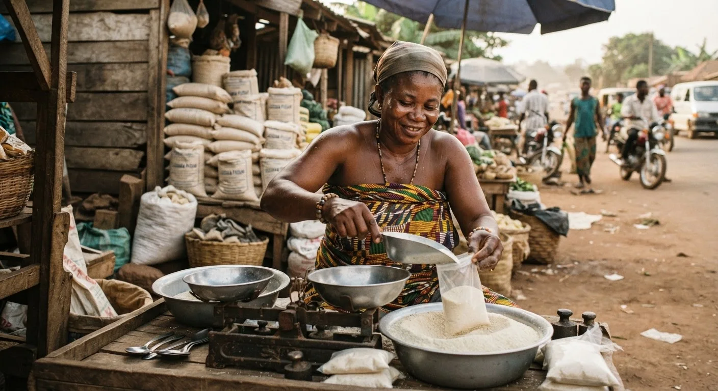 A Ghanaian cassava trader at a busy roadside market weighing gari into a branded retail sachet, stacked sacks of dried cassava flour behind her, documentary photograph