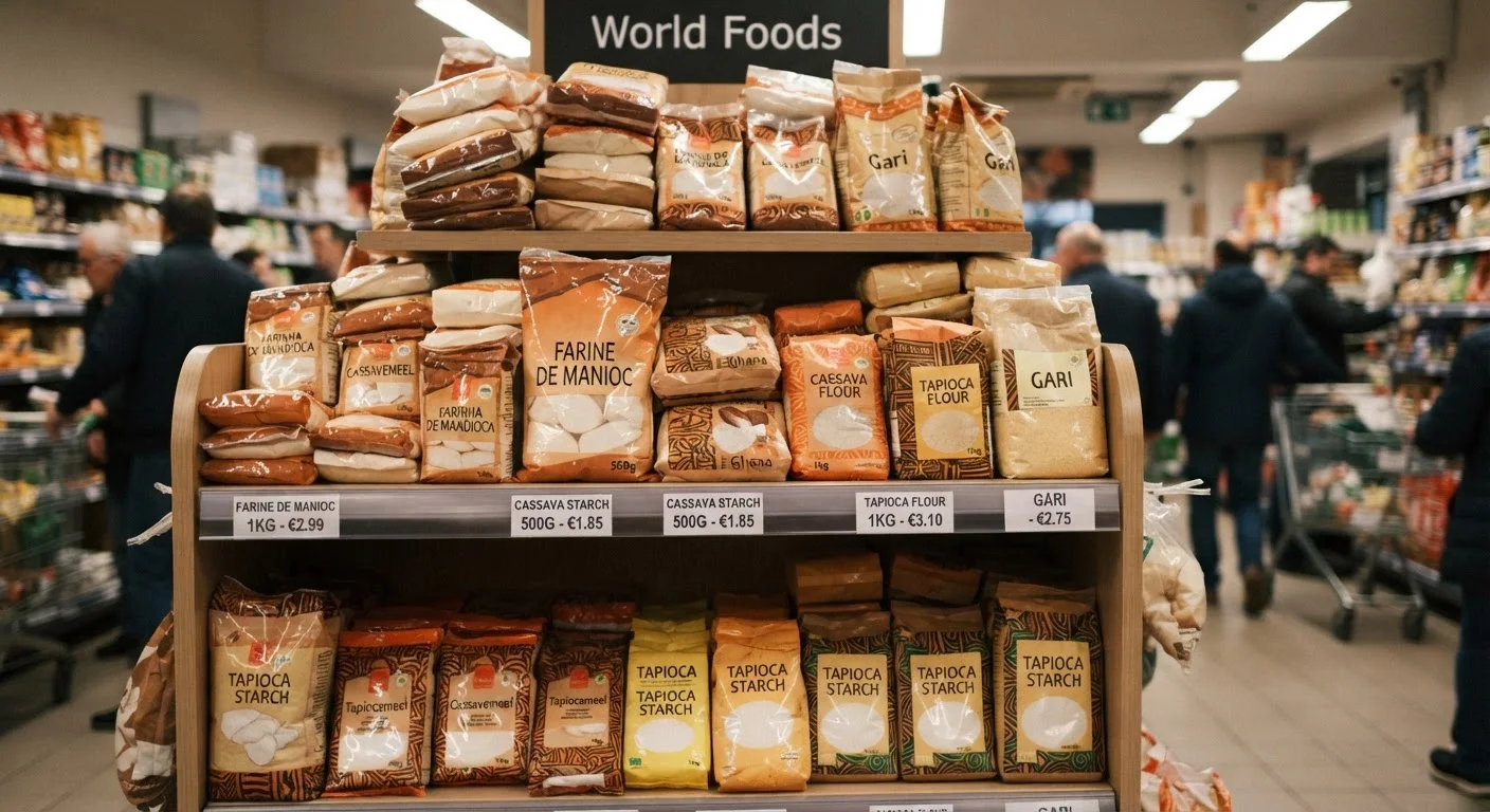 A European supermarket shelf stacked with bags of imported cassava and tapioca starch and flour, price labels visible, documentary photograph
