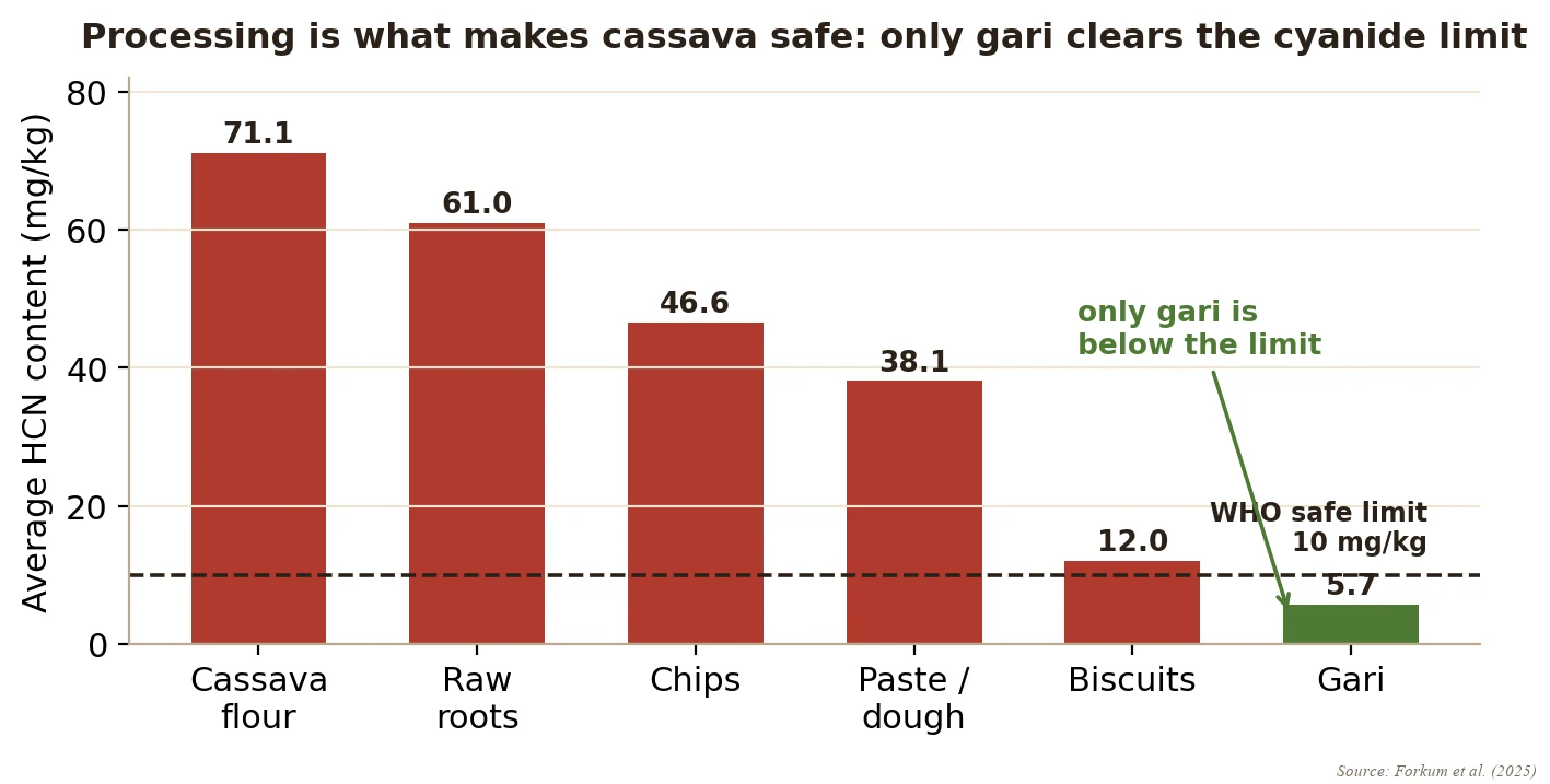 Hydrogen cyanide in cassava products against the 10 mg/kg safe limit: cassava flour 71, raw roots 61, chips 47, and gari 5.7, the only common product below the line