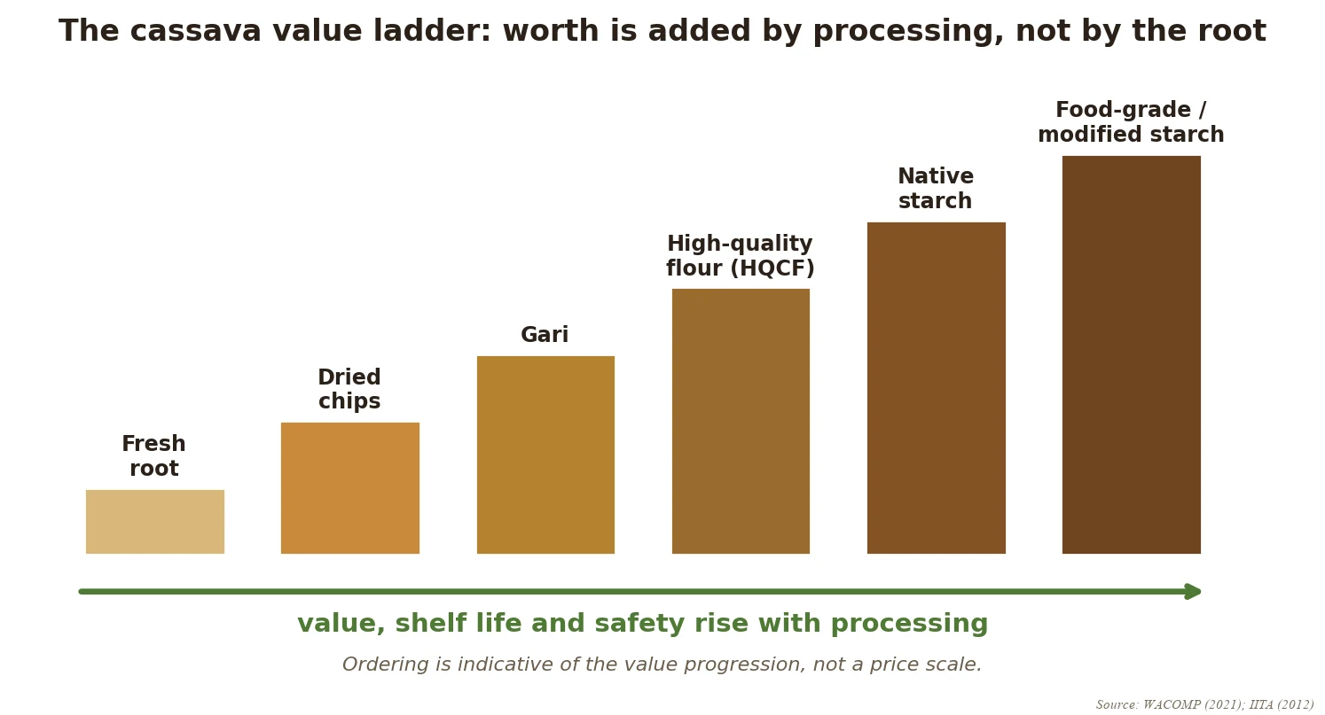 The cassava value ladder: fresh root, dried chips, gari, high-quality flour, native starch and food-grade or modified starch, with value rising at each processing step