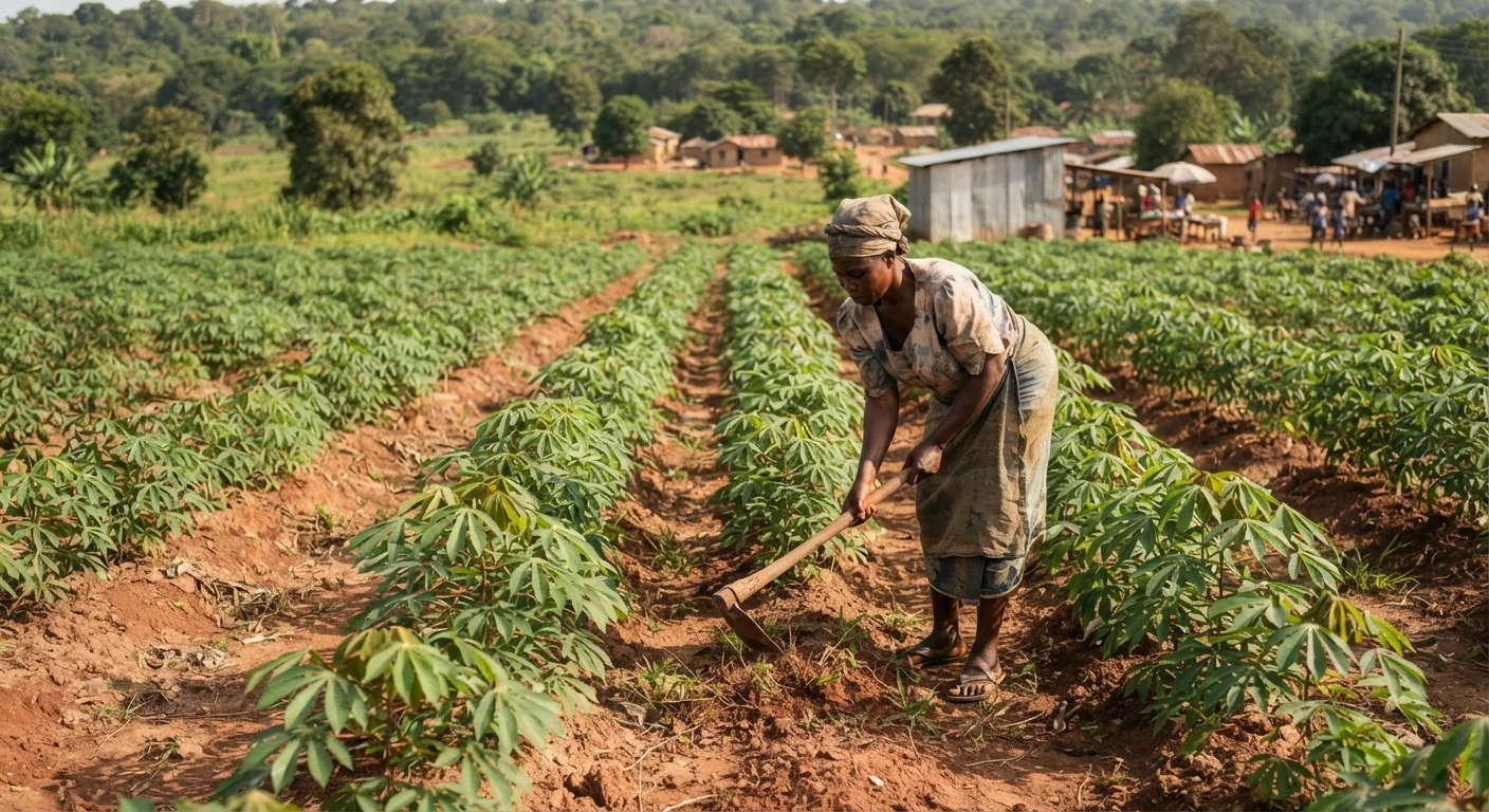 A Ghanaian cassava field in its first three months, plants not yet closed over, a worker hoeing weeds between the rows, documentary photograph