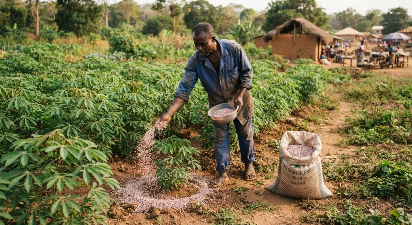 A Ghanaian farmer broadcasting a potash-led granular fertiliser blend by hand around young cassava plants, an open sack beside him, documentary photograph