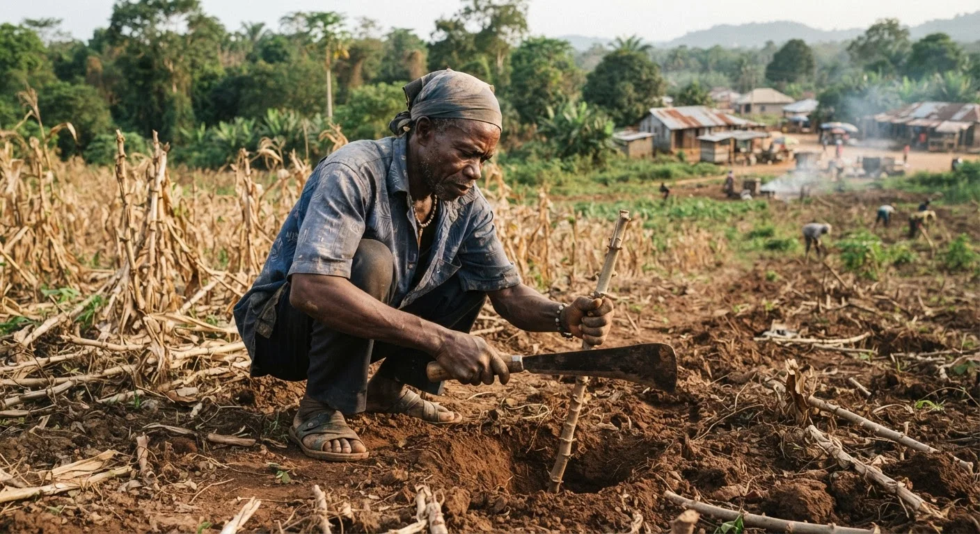 A Ghanaian farmer planting cassava stem cuttings by hand on a cleared plot behind dry maize stubble, a cutlass in one hand, documentary photograph