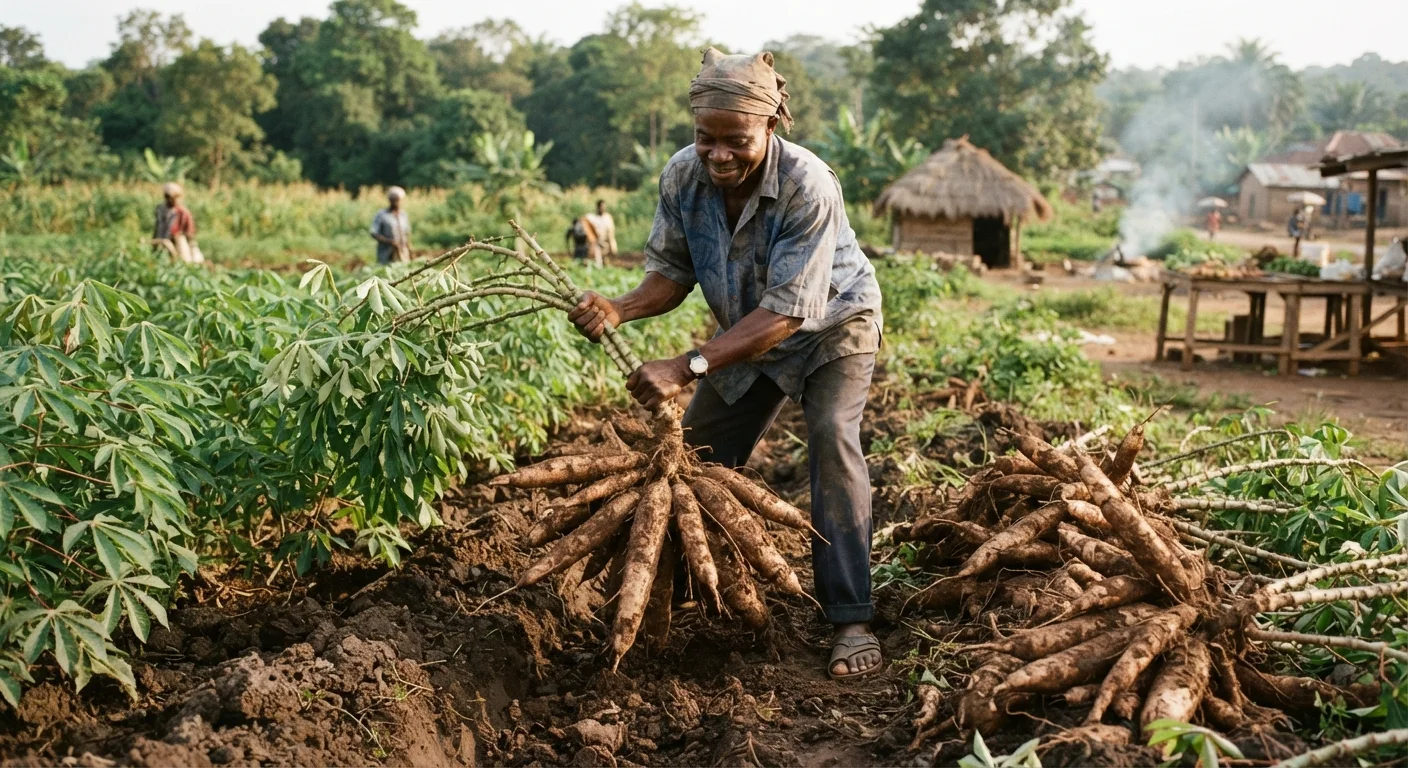 A Ghanaian farmer lifting a bundle of freshly harvested cassava roots from the soil by the stem, a heap of lifted roots beside the row, documentary photograph