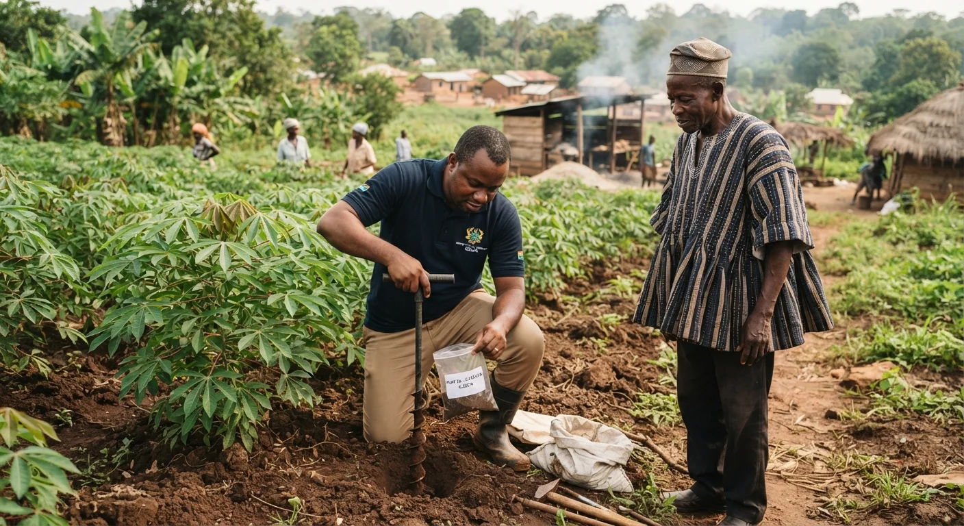 A Ghanaian extension officer taking a soil sample from a cassava plot with an auger and bagging it for testing, a farmer looking on, documentary photograph