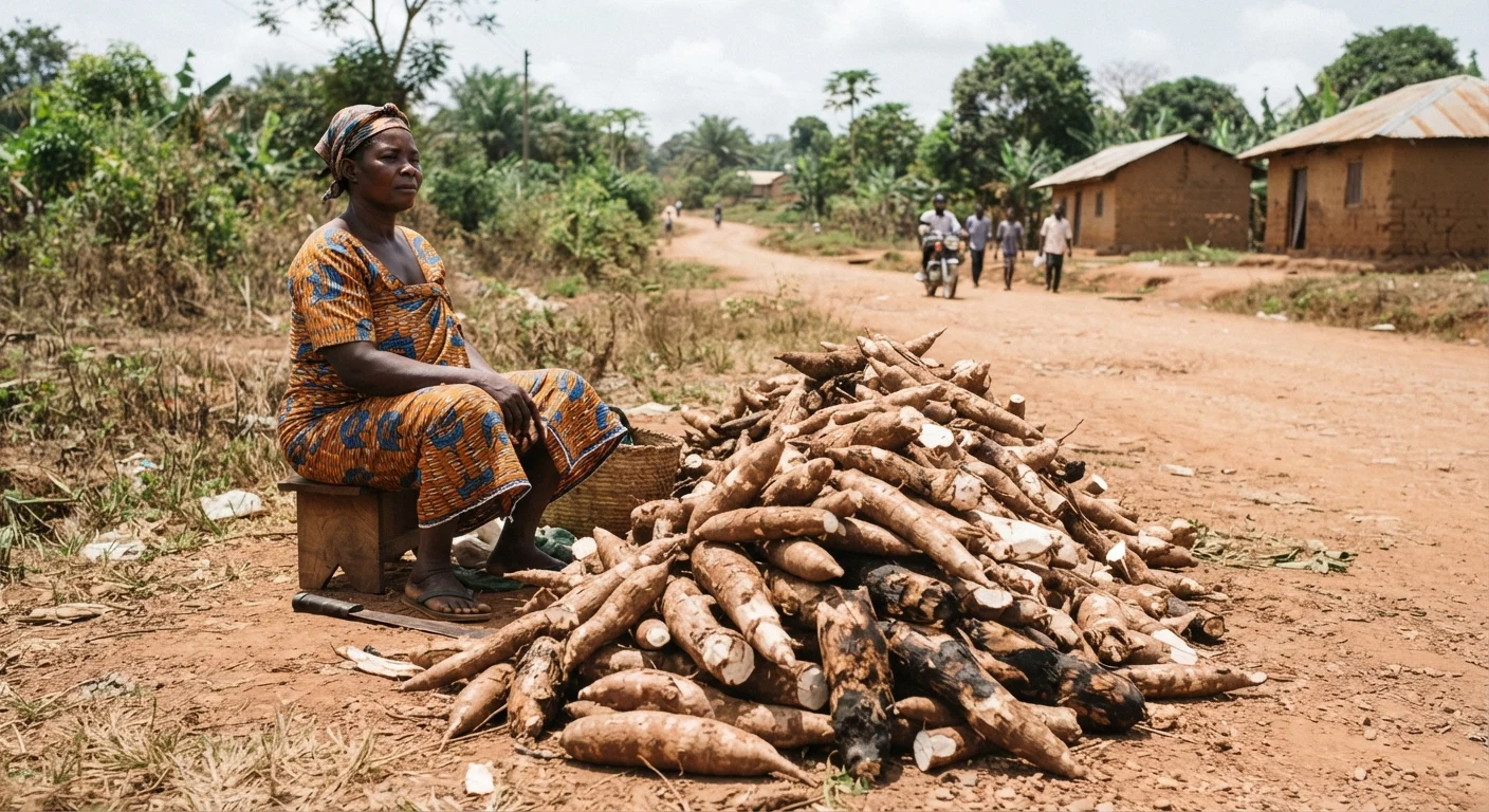 A pile of freshly harvested cassava roots left at the edge of a field with no organised bulking or storage, some already spoiling, documentary photograph
