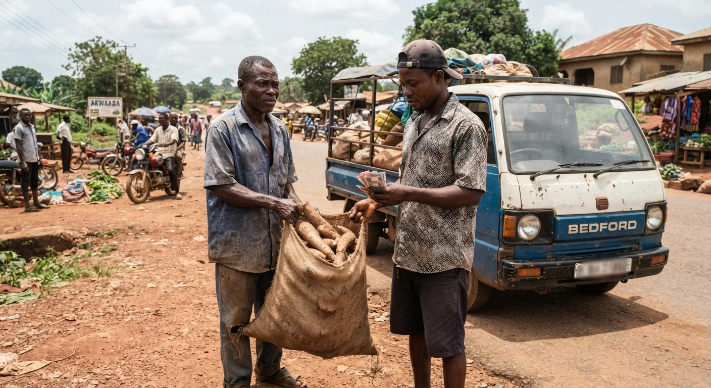 A Ghanaian cassava farmer accepting a low price from a single buyer at a roadside, sacks of roots on a truck behind, documentary photograph