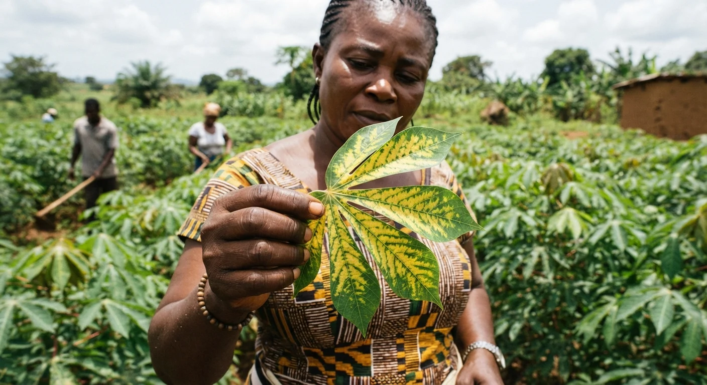 A cassava root cut open to show the brown, corky necrosis of cassava brown streak disease, documentary photograph