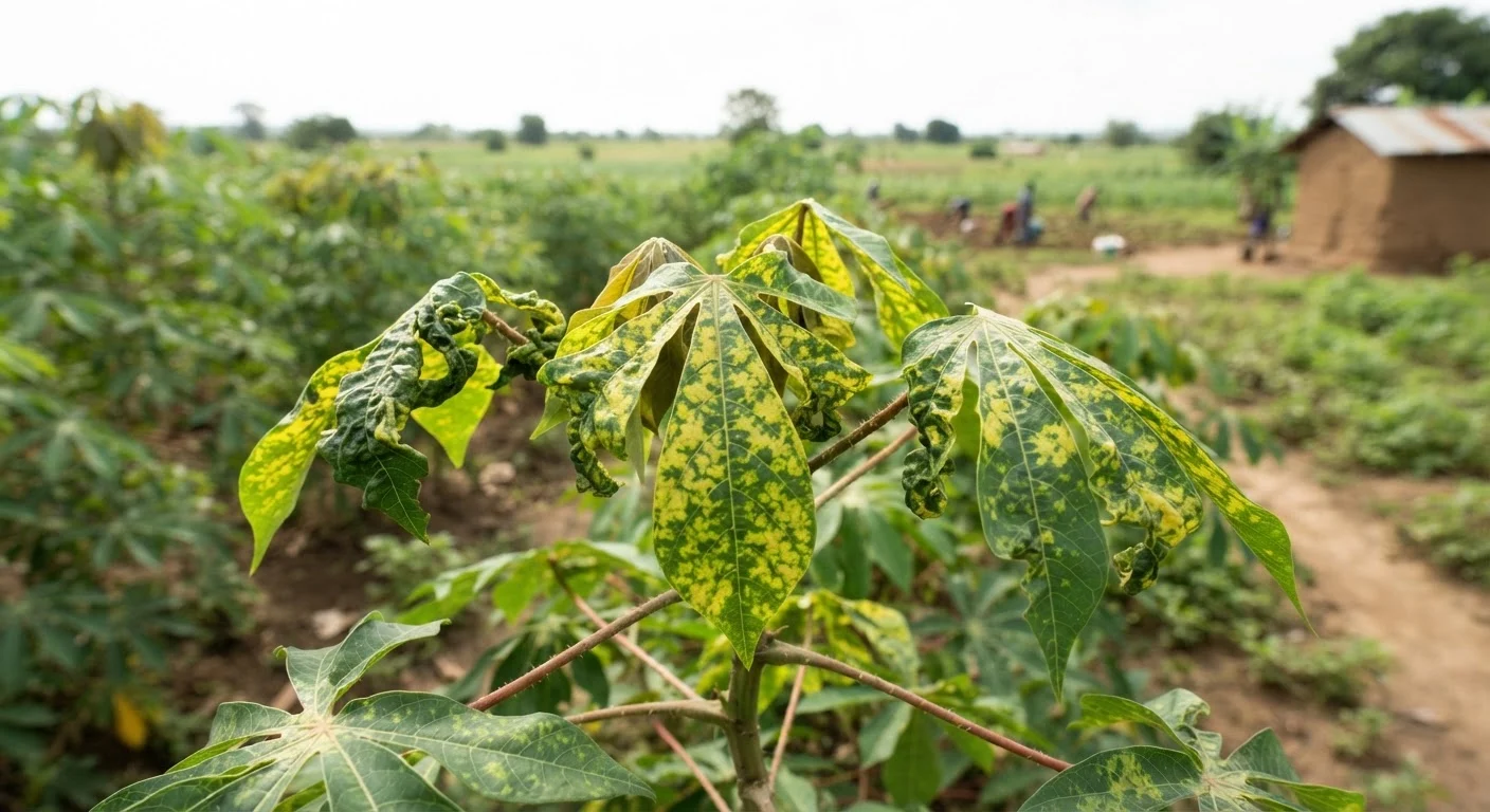 Cassava leaves showing the yellow-green mottling and distortion of cassava mosaic disease, a field scout inspecting the crop, documentary photograph