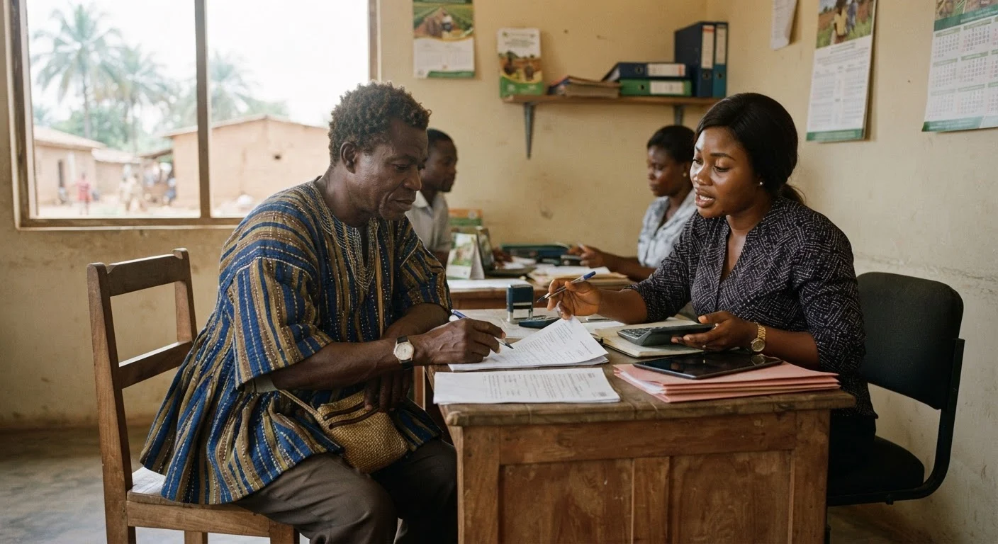 A Ghanaian smallholder farmer and a rural bank loan officer reviewing loan paperwork at a desk, documentary photograph