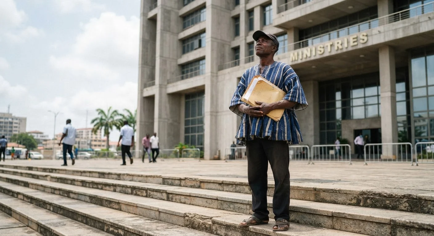 A Ghanaian entrepreneur at a desk reviewing a government agricultural programme brochure, a cassava sector plan and a laptop beside it, documentary photograph