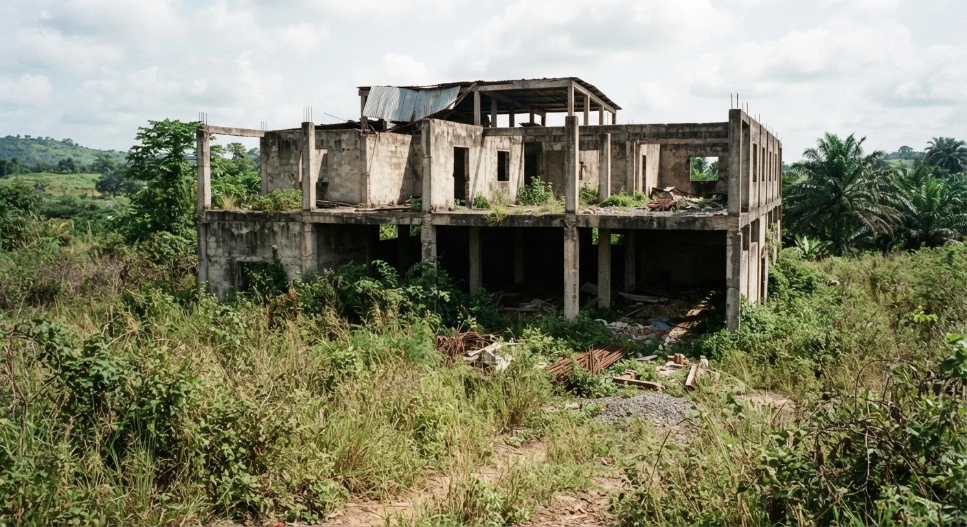 An abandoned Ghanaian cassava starch factory building overgrown with weeds, machinery idle behind shuttered doors, documentary photograph