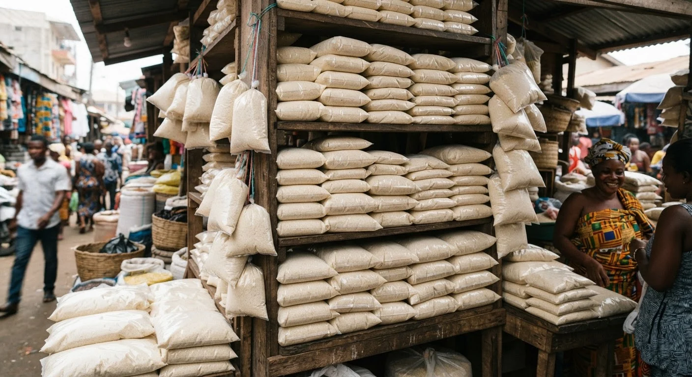 Branded bags of imported Nigerian gari stacked on a supermarket shelf in Accra beside cheaper unbranded local gari in open sacks, documentary photograph