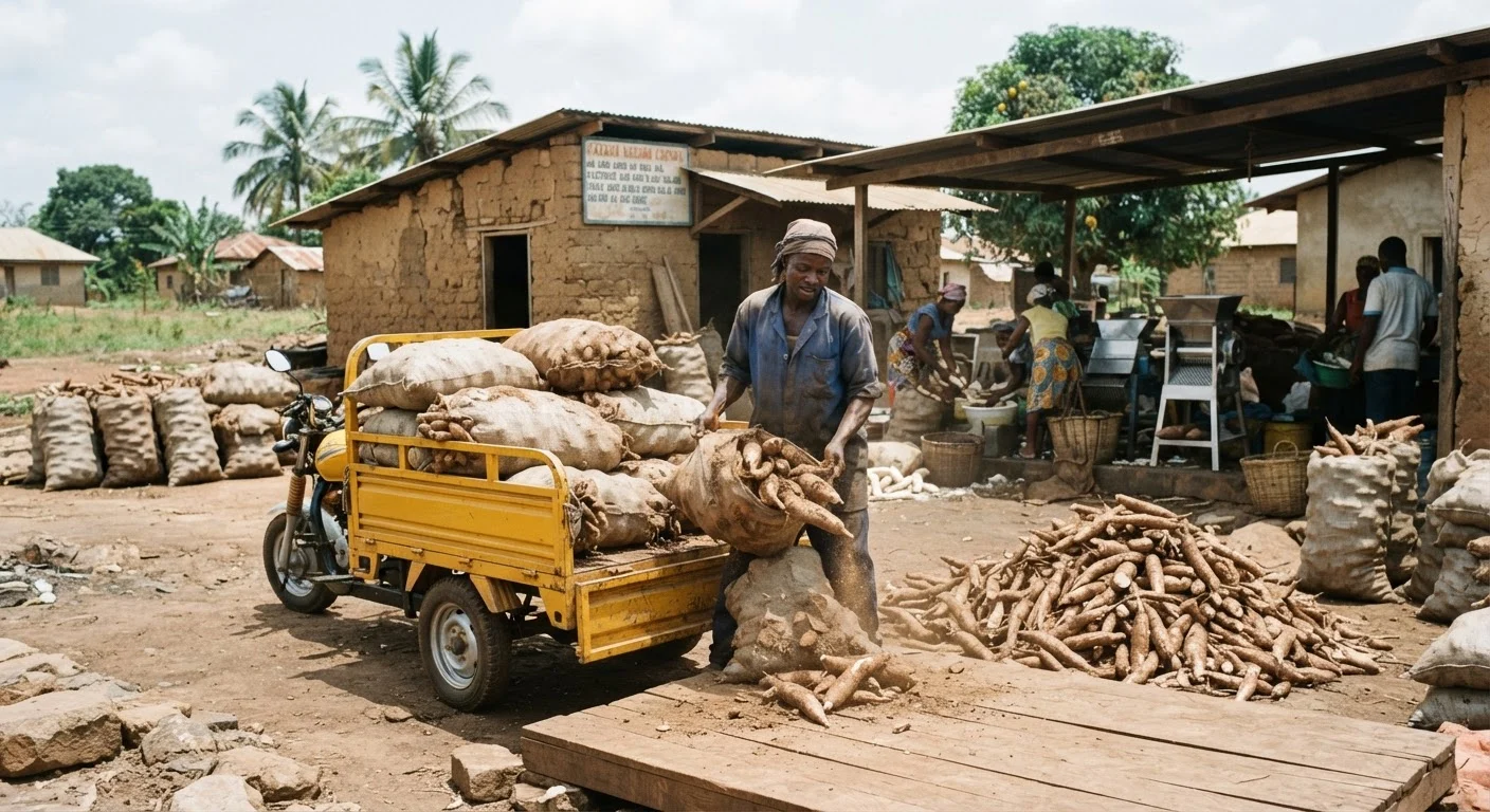 Cassava roots arriving late and unevenly at a processing plant intake bay, a worker checking a mostly empty hopper, documentary photograph