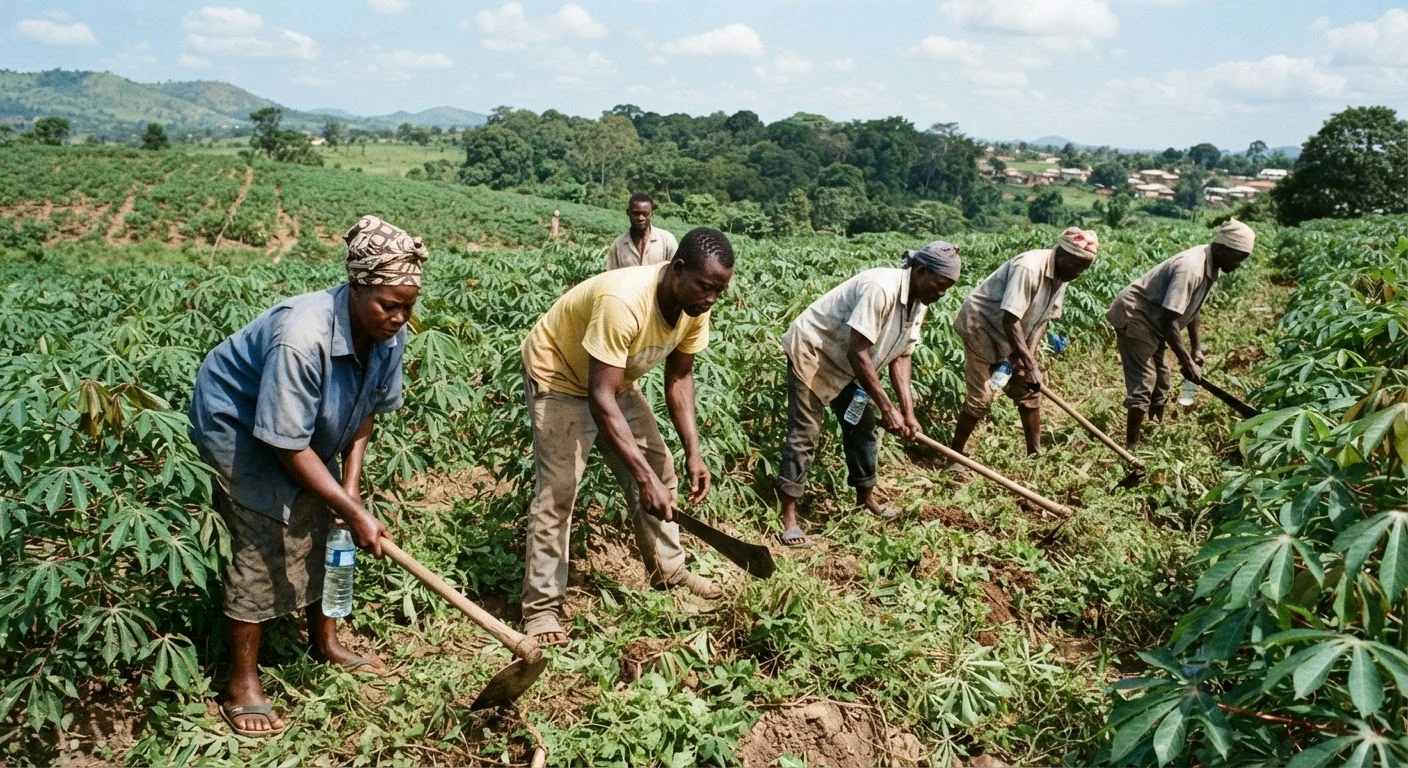 A crew of Ghanaian labourers weeding a cassava field by hand with hoes under a hot sun, documentary photograph