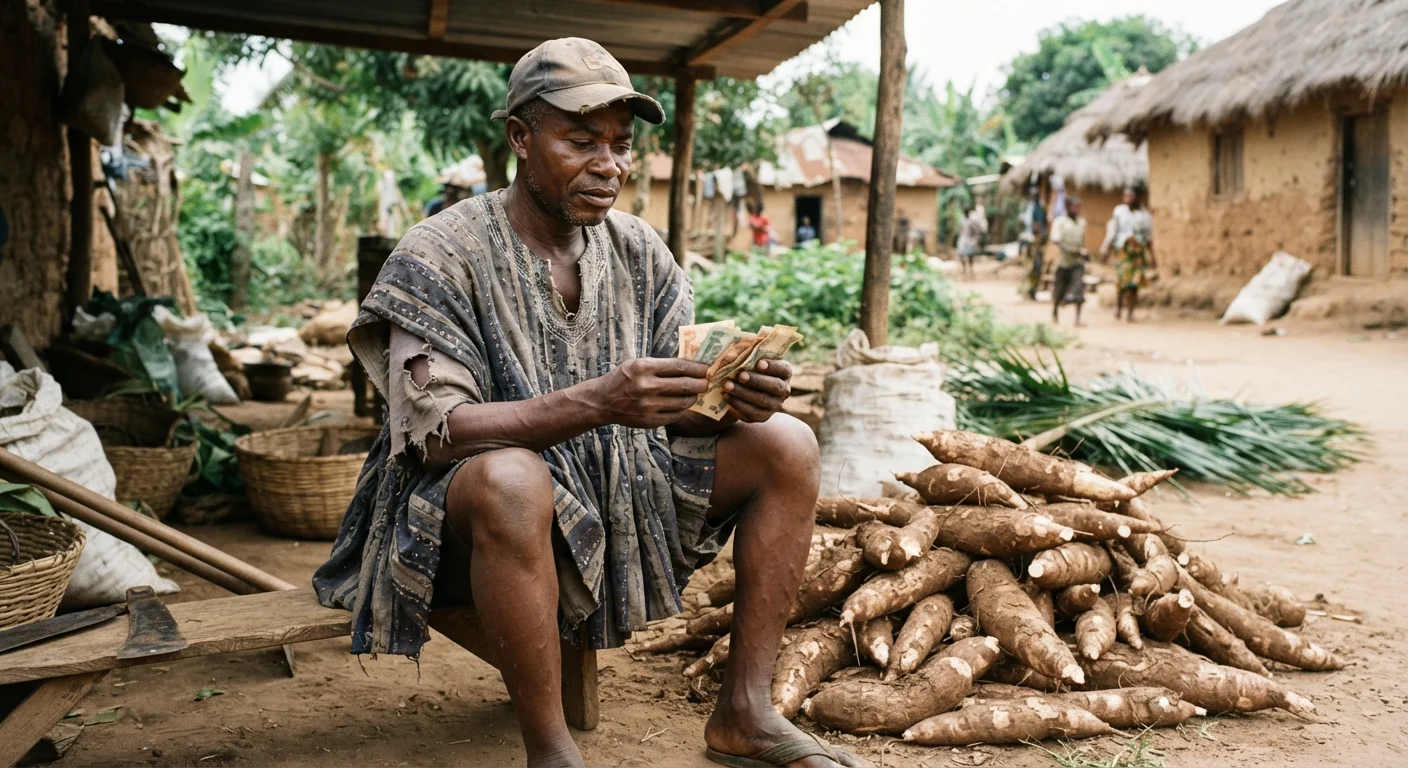A Ghanaian cassava farmer looking at a small stack of cedi notes beside sacks of freshly harvested cassava roots at a rural buying point, documentary photograph