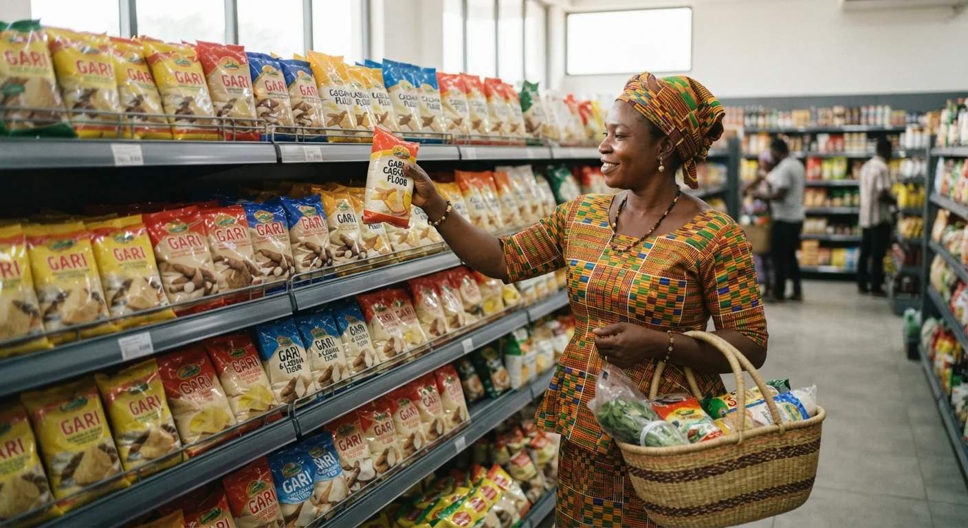 A busy West African market stall selling loose cassava flour and gari from open sacks, a trader weighing a scoop for a customer, documentary photograph