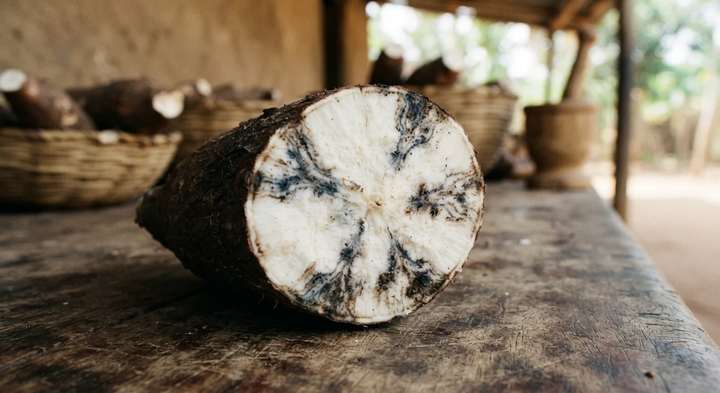 Freshly harvested cassava roots cut to reveal the blue-black vascular streaking of post-harvest physiological deterioration, documentary photograph