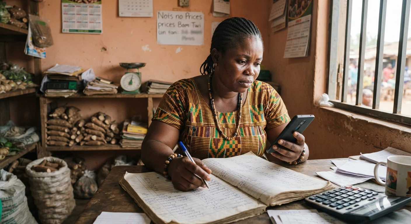 A Ghanaian cassava flour trader recording prices in a worn notebook at a wholesale market, sacks of flour stacked behind, documentary photograph