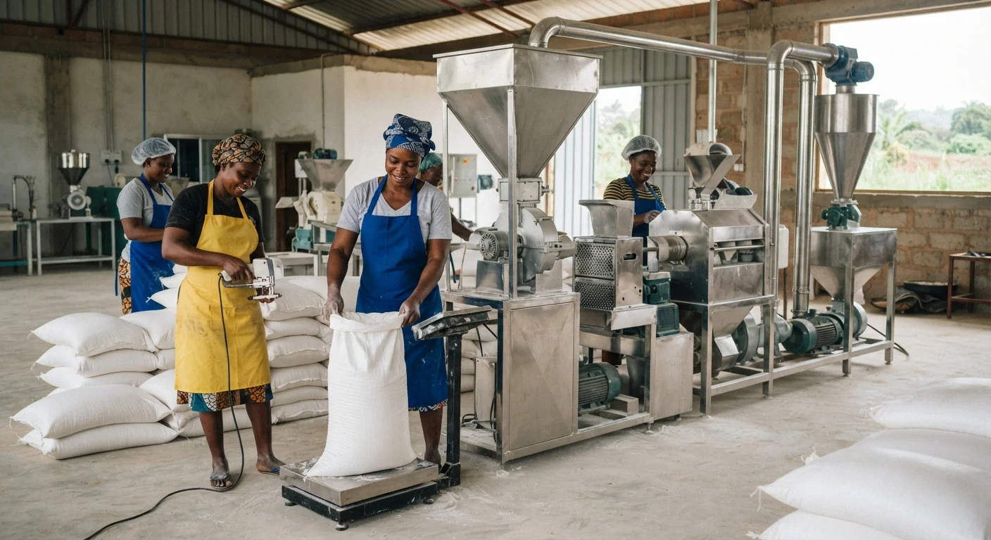 A cassava processor testing gari at a small quality-control bench with a handheld meter, bags of processed cassava beside her, documentary photograph