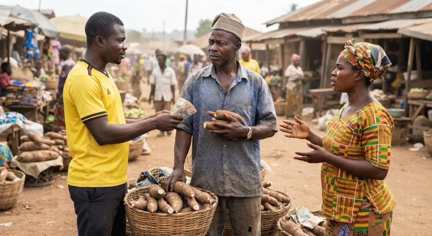 A Ghanaian cassava farmer quietly selling roots to an alternative buyer away from the contracting processor's collection point, documentary photograph