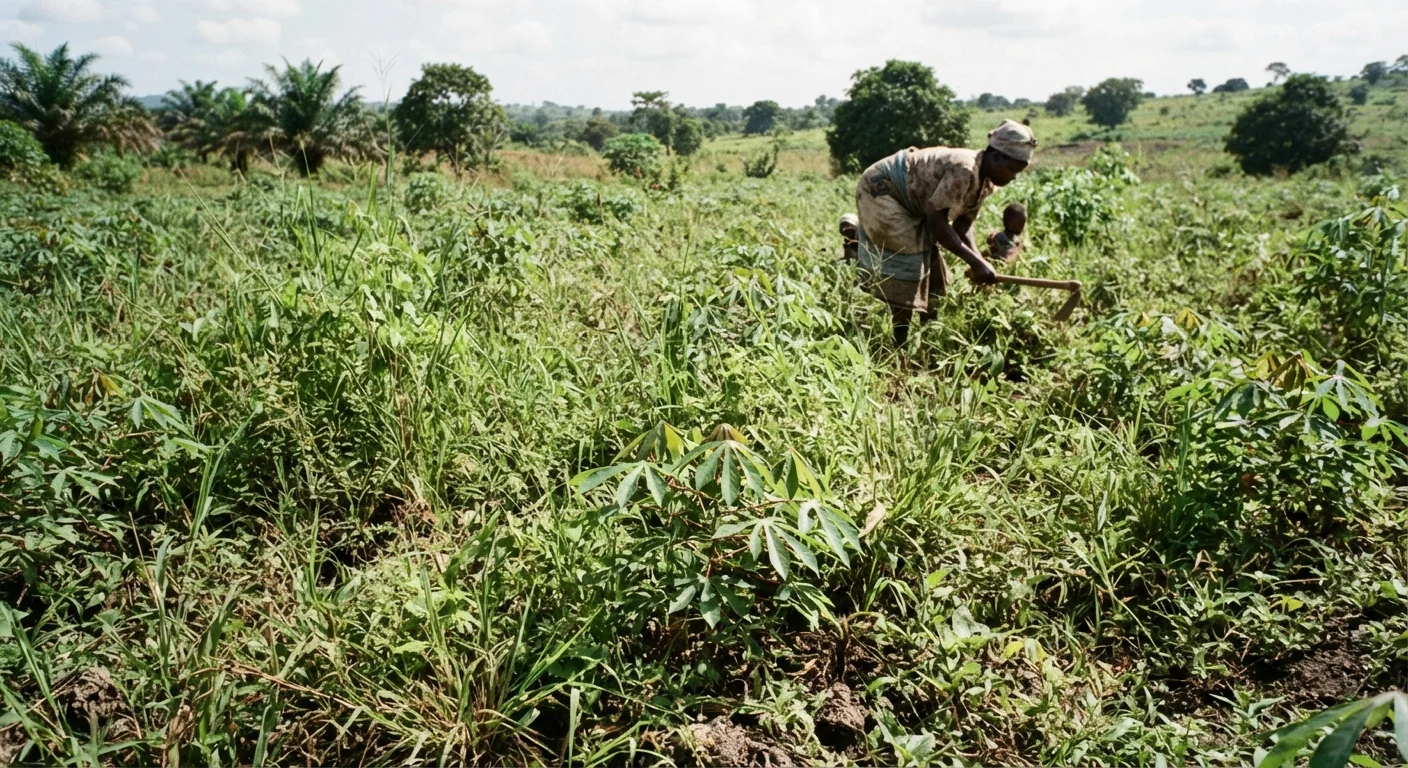 A Ghanaian woman hand-weeding between young cassava plants with a hoe under strong sun, documentary photograph