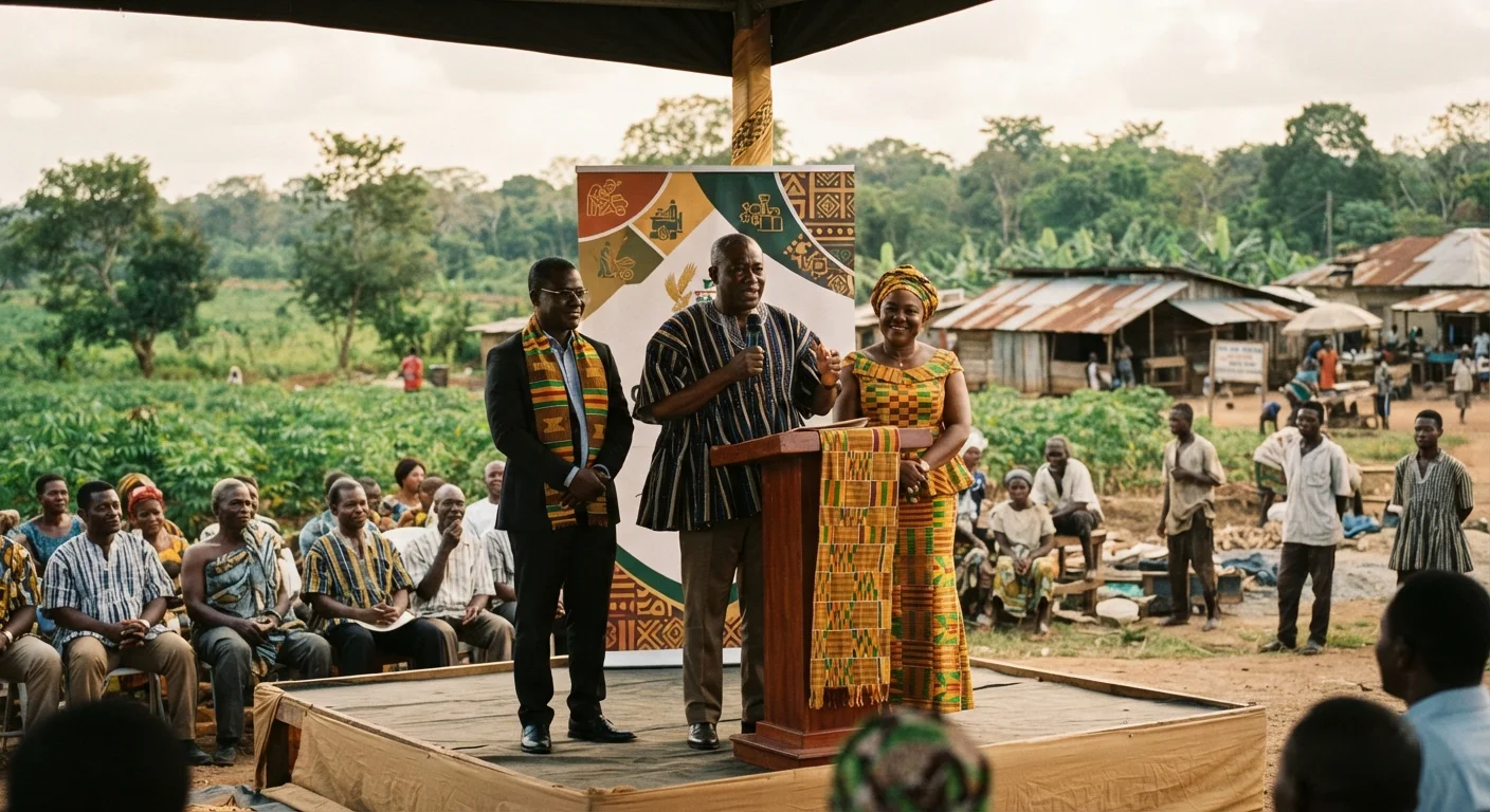 Ghanaian trade ministry officials at a launch event for the industrial starch anchor industry, standing at a podium with programme banners behind them, documentary photograph