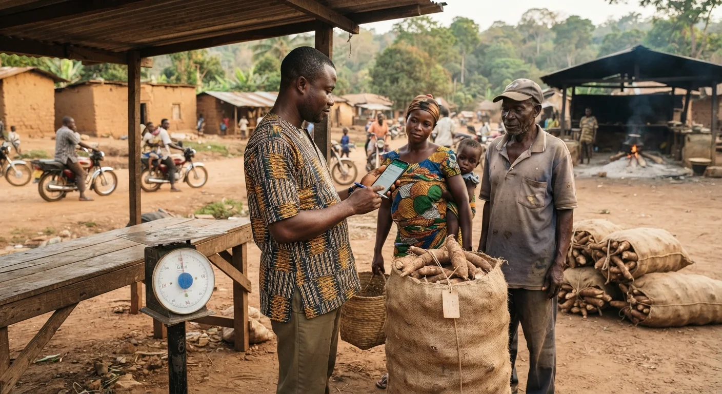 A cassava aggregator using a smartphone app to log farmer deliveries at a rural collection point, sacks of roots on a weighing scale beside him, documentary photograph