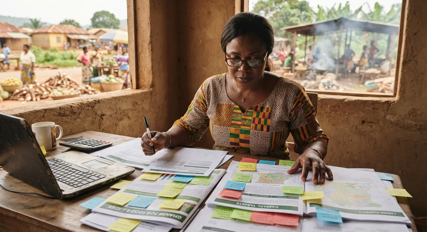 A Ghanaian policy analyst at a desk comparing printed flagship agricultural programme documents, sticky notes marking which crops are listed, documentary photograph