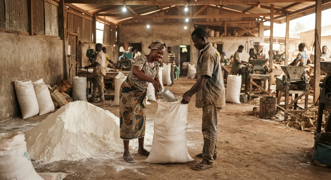 A Ghanaian cassava processing factory floor with workers bagging finished white starch into sacks under industrial lighting, documentary photograph