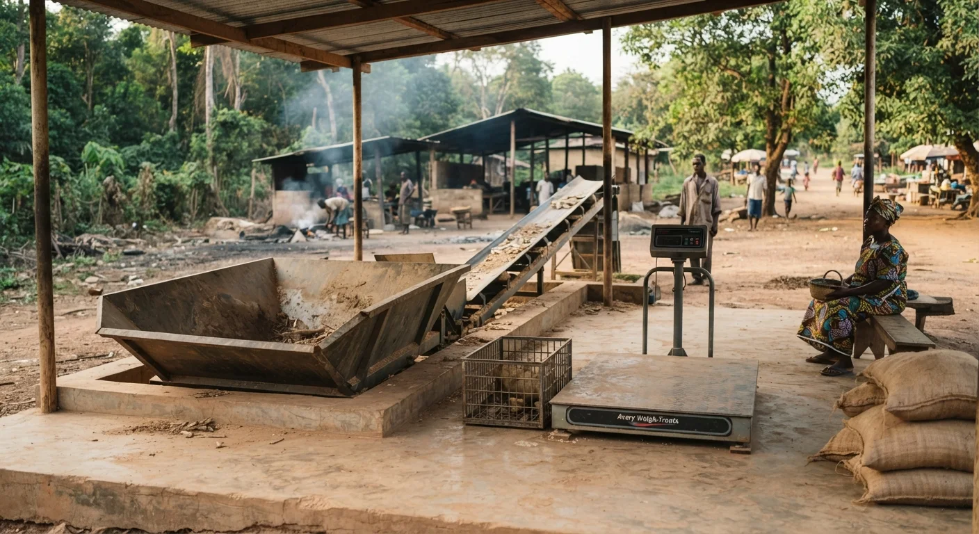 A cassava processing plant intake bay standing empty with no roots delivered, idle conveyors and weighing equipment, documentary photograph