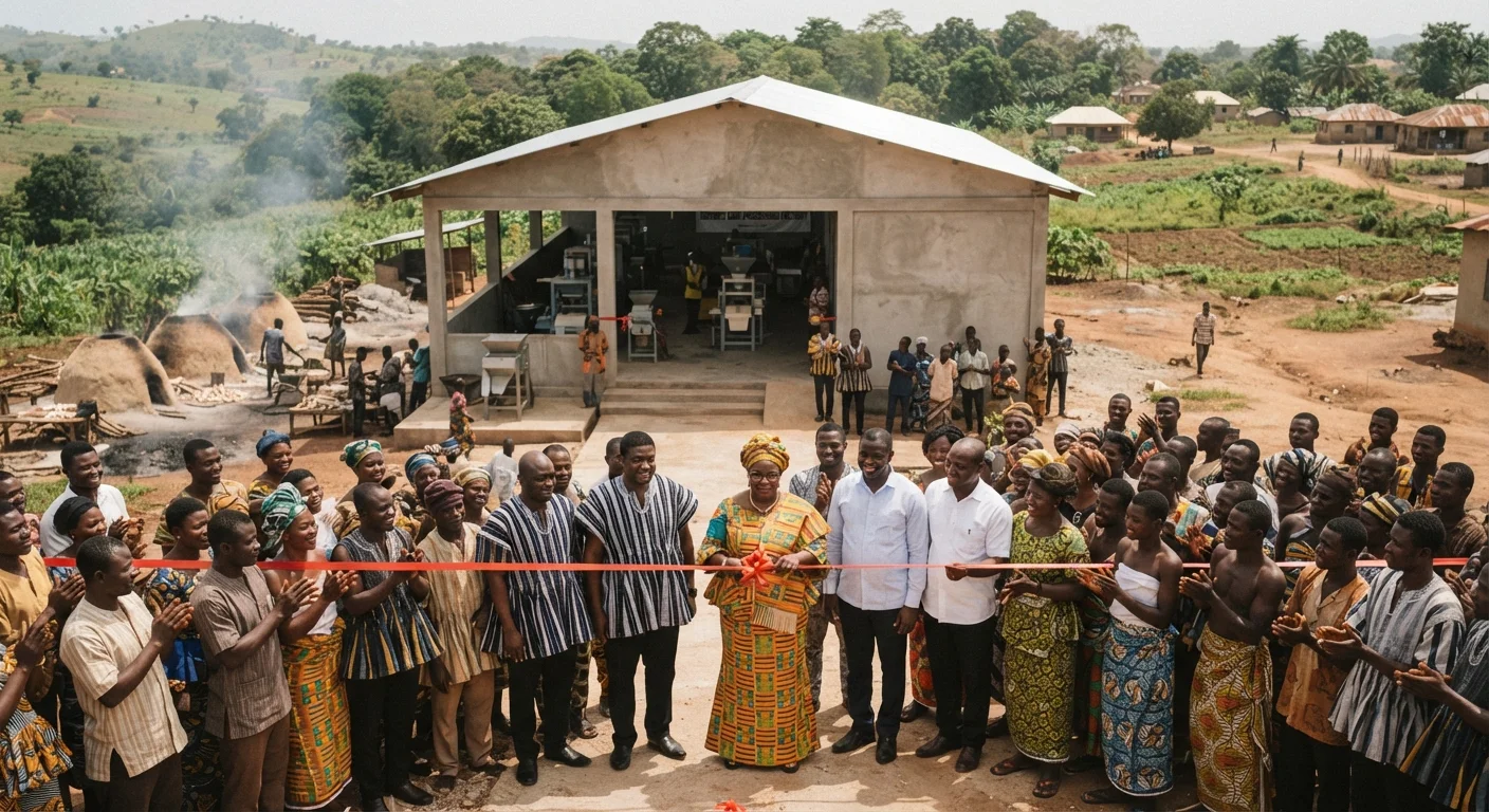A newly commissioned district gari processing factory in rural Ghana with a ribbon-cutting ceremony, officials and workers gathered outside the plant, documentary photograph