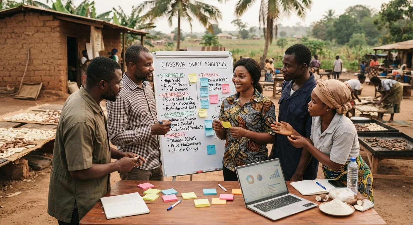 A Ghanaian agribusiness team gathered around a whiteboard mapping cassava strengths, weaknesses, opportunities and threats, sticky notes and a laptop on the table, documentary photograph