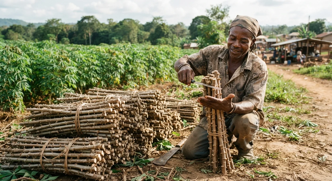 Bundles of freshly cut cassava stem cuttings tied together and stacked on the ground beside a field, a farmer measuring one against his hand, documentary photograph