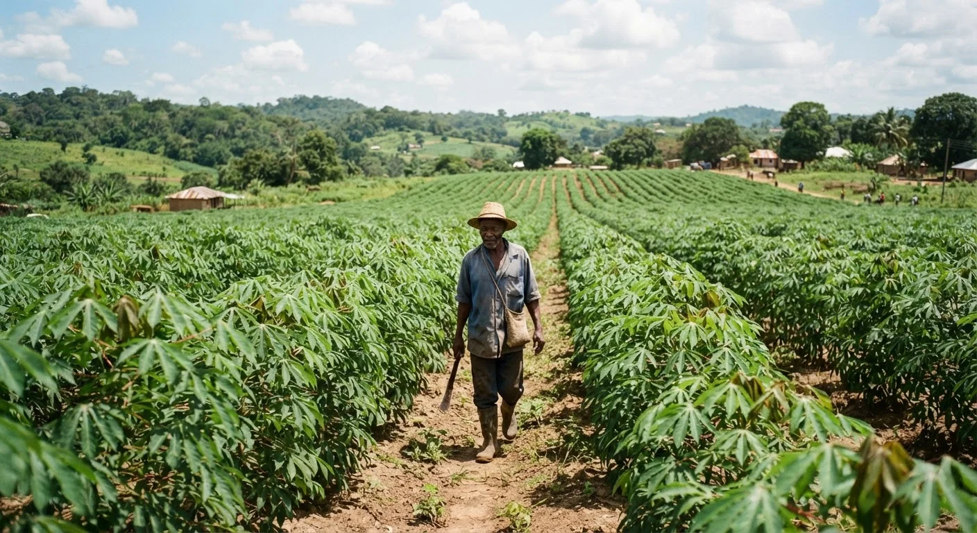 A wide cassava field in Ghana's forest transition zone, tall green cassava plants in neat rows under a bright sky, a farmer walking between them, documentary photograph